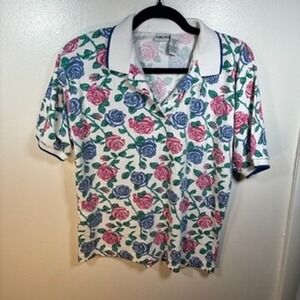 Cabin Creek Polo Shirt Women Sz M White Floral Vintage Cottagecore